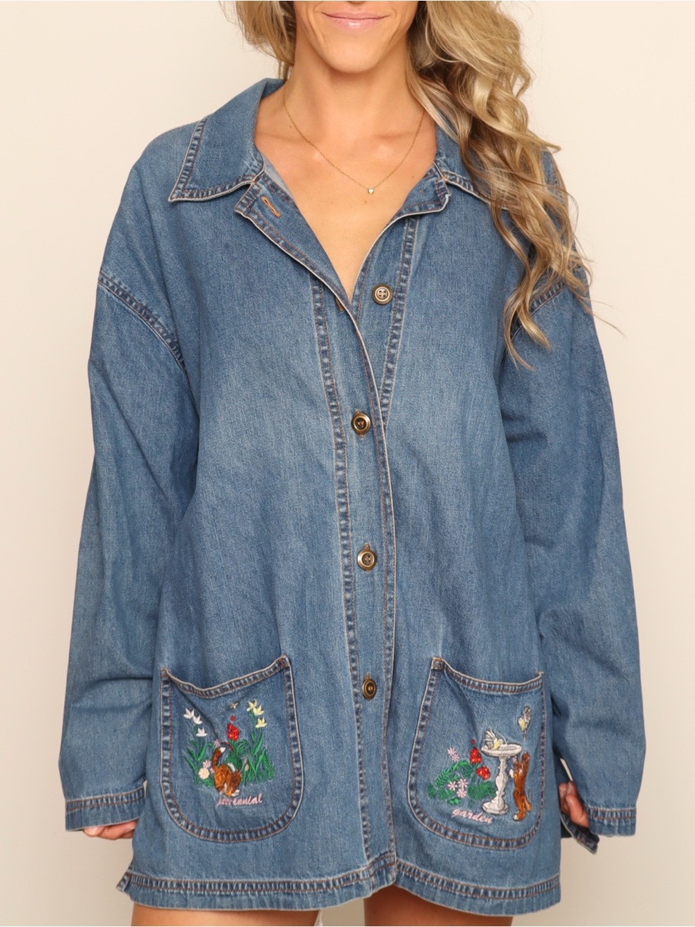 Vintage Denim Jacket Pockets with Embroidered Cat & Bird Garden Motif - Blue - Picture 2 of 5